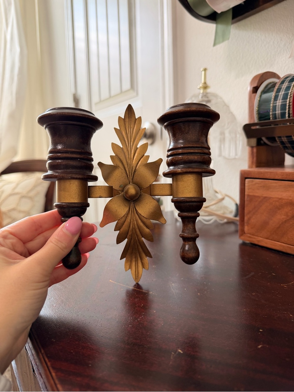 Antique Wood and Gold Double Wall sconce